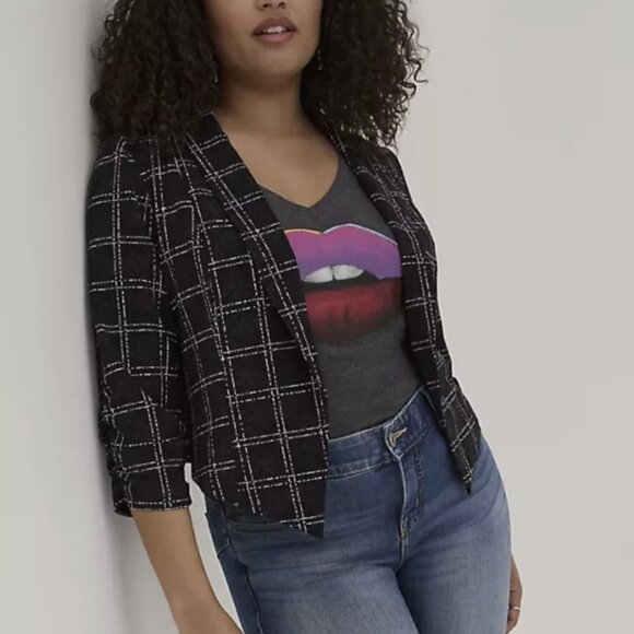 Torrid Open Front Draped Blazer Size 2 (18/20) Black White Windowpane Plaid - Picture 3 of 7